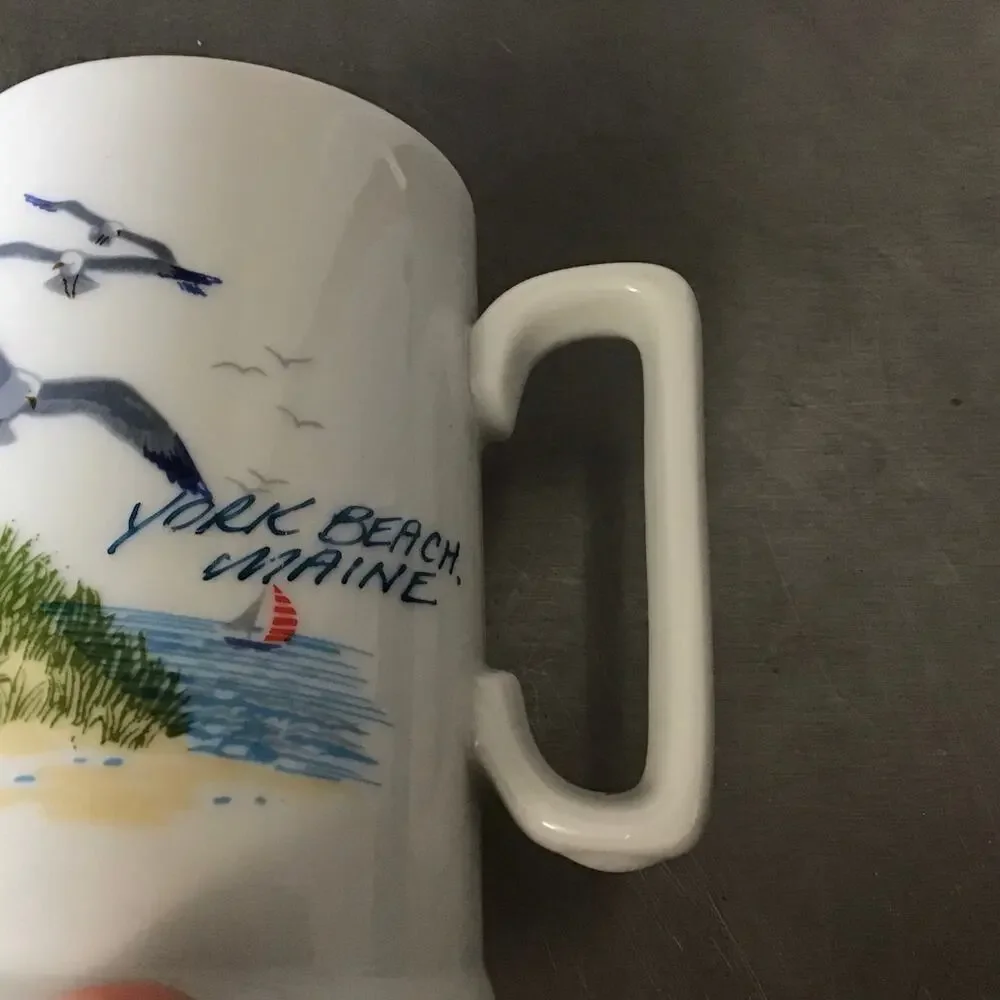 Down East Crafts Made in Japan York Beach, Maine Seagulls, Sailboat, Beach Mug